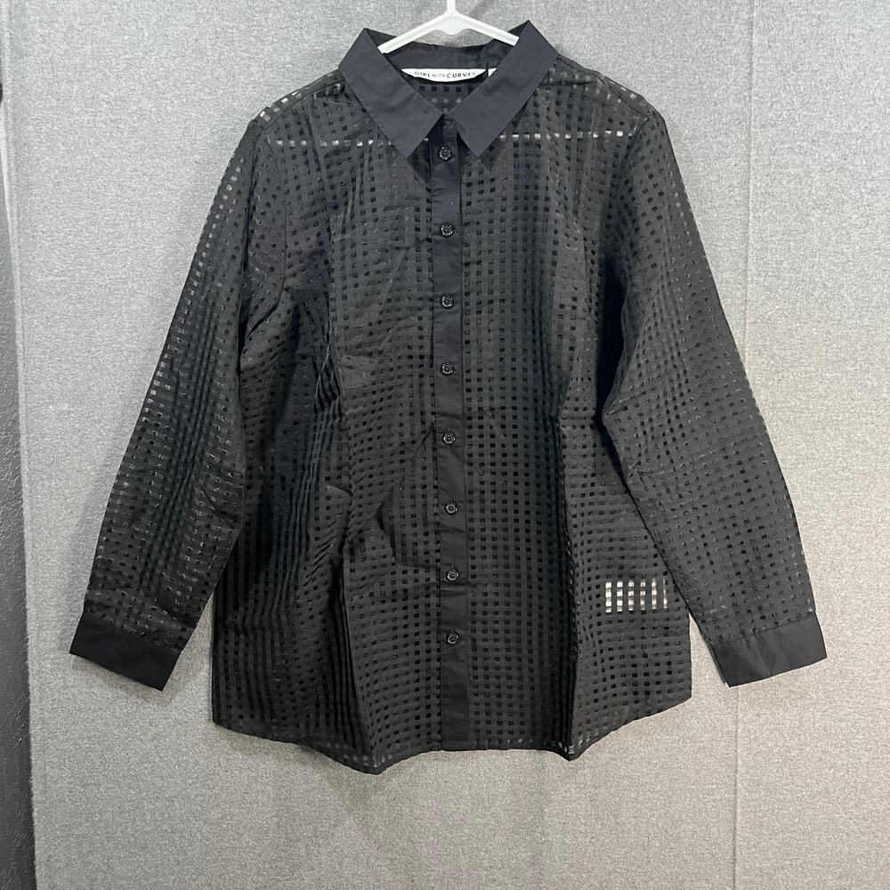 Girl With Curves Tonal Gingham Button-Front Shirt True Black, Medium